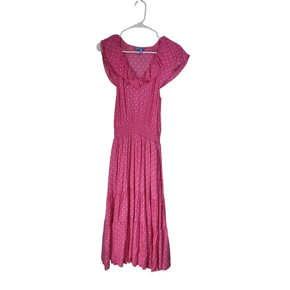 DRAPER JAMES Women's S Pink Polka Dot Flutter Sleeve Midi Dress Tiered Pockets - Picture 2 of 12